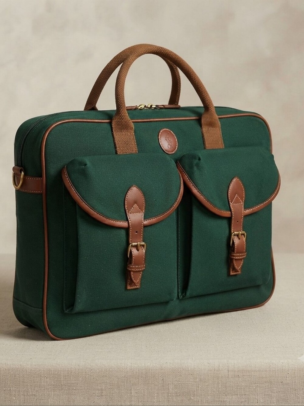 Vintage Ralph Lauren Polo Canvas Briefcase Laptop Bag Green Brown Leather Trim